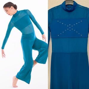 WEISSMAN Balera Dance Costume teal Culotte Unitard With Mesh MJ11187 Child LC